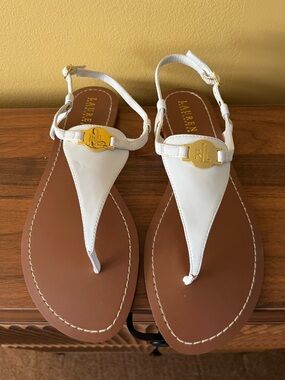 Ralph Lauren White Leather T-Strap Sandals with Gold RL Medallion